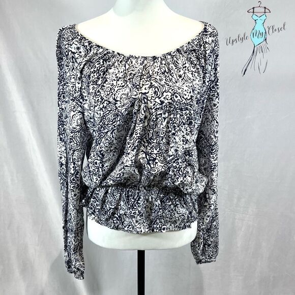 Long sleeve navy and white abstract print peplum top size XL - Picture 1 of 4